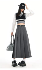 Grey Pleated Long Skirt