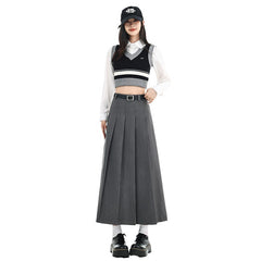 Grey Pleated Long Skirt