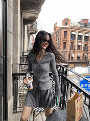Grey Ribbed V-Neck Cardigan