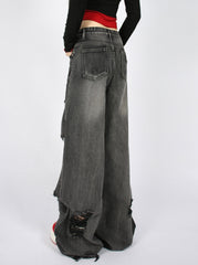 Grey Ripped Wide Leg Jeans