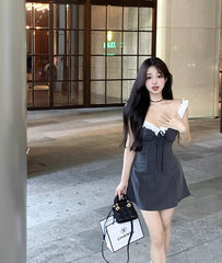 Grey Ruffled Neckline Dress