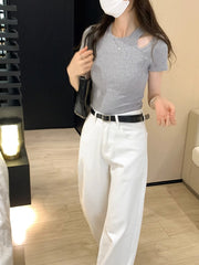 Grey Shoulder Cut-Out T-Shirt