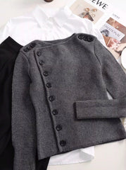 Grey Slanted Buttons Placket Sweater