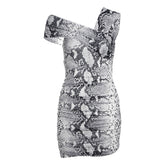 Grey Snake Print One-Shoulder Dress
