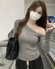 Grey Soft Off-Shoulder Knit Top