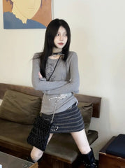 Grey Striped Embellished Skirt