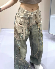 Blue Vintage Lace and Pearl Detail Jeans