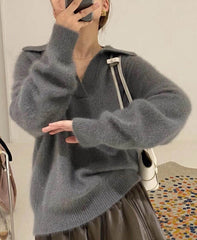 Grey Wide Collar Mink Sweater