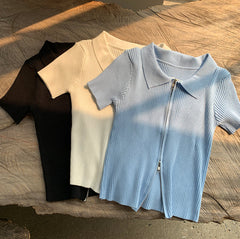 Blue Double Zipper Knit Top