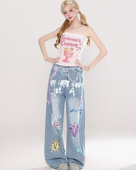 Hand Painted Heart Graffiti Wide Leg Jeans