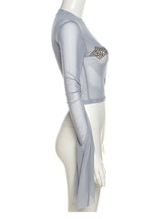 Blue Beaded Cross Mesh Top