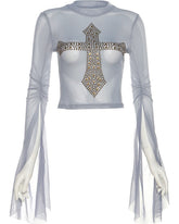 Blue Beaded Cross Mesh Top
