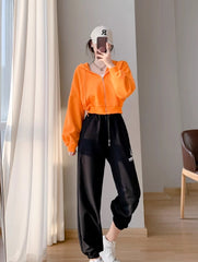 Orange Cropped Zip-Up Hooded Jacket
