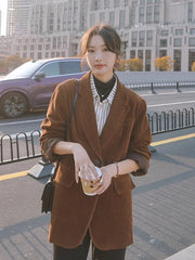Brown Front Pockets Corduroy Blazer Jacket