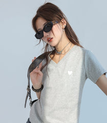 Heart Embroidered V Neck Short Sleeve Cooling Top