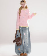 Heart Star Patch Denim Wide Leg Jeans