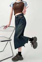 High Waist Denim A Line Midi Skirt