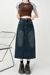 High Waist Denim A Line Midi Skirt