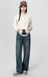 High Waist Drawstring Wide Leg Jeans