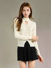 Apricot Hollow High Neck Sweater With Front Slit