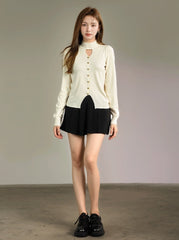 Apricot Hollow High Neck Sweater With Front Slit
