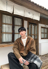 Hooded Zip Jacquard Knit Cardigan Sweater Jacket