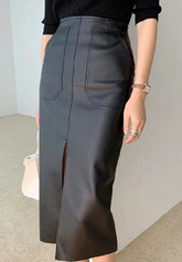 Black Leather Skirt With Front Slit