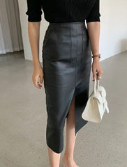 Black Leather Skirt With Front Slit