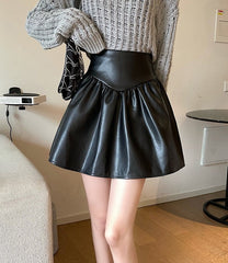 Black Pleated PU Leather Skirt