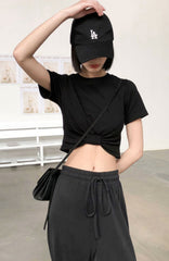 Pitch Black Cropped Knotted T-Shirt