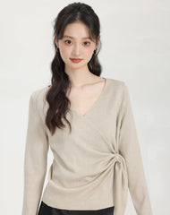 Beige Irregular Cross V-Neck Sweater