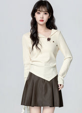 Ivory Asymmetrical Collar Long Sleeve T Shirt