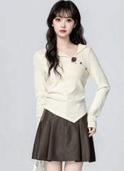 Ivory Asymmetrical Collar Long Sleeve T Shirt