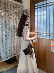 Ivory Lace Embroidered Puff Sleeve Maxi Dress