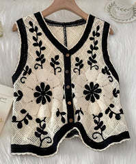 Black and White Flower Embroidered Knitted Vest