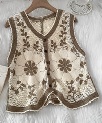 Black and White Flower Embroidered Knitted Vest