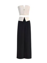 Black Folded Waist Wide Leg Pants