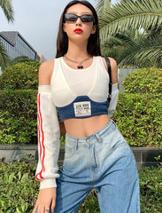 White Bra Crop Top With Arm Warmer Sleeves