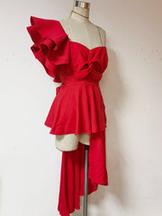 Red Asymmetric Off Shoulder Ruffled Dress