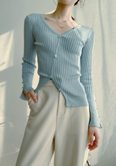 Blue Ripped V-Neck With Buttons Cardigan