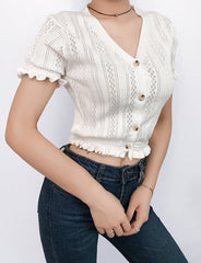 White V-Neck Knit Crop Top