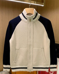 Beige Zip-Up Stand Collar Cardigan