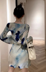 Blue Tie-Dyed Floral Print Dress