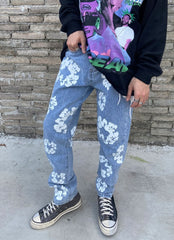 Blue Floral Print Denim Jeans