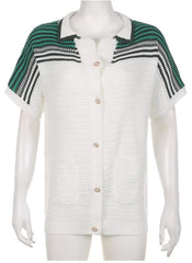 White Striped Short Sleeve Cardigan