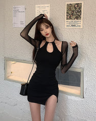 Black Fitted Dress With Mesh Sleeves