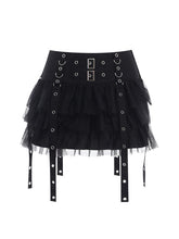 Black Mesh Layered Skirt With Eyelet Straps