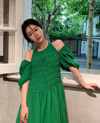 Green Puff Sleeve Halter Dress