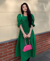 Green Puff Sleeve Halter Dress