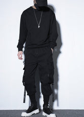 Black Harem Cargo Pants With Buckle Strap